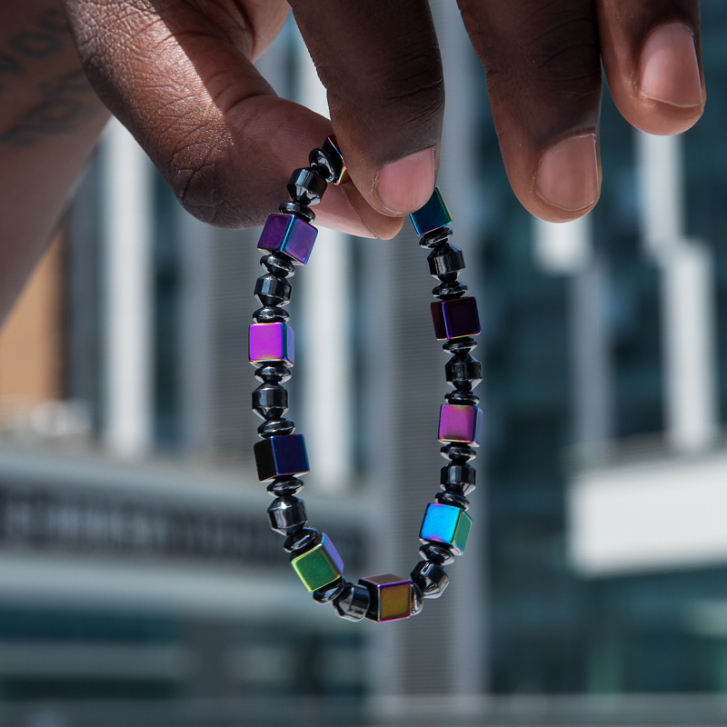 Rainbow Square Black Gallstone Beads Stretch Bracelet Silver - Image 4