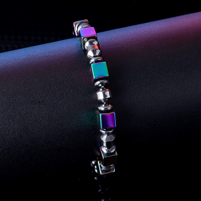 Rainbow Square Black Gallstone Beads Stretch Bracelet Silver - Image 5