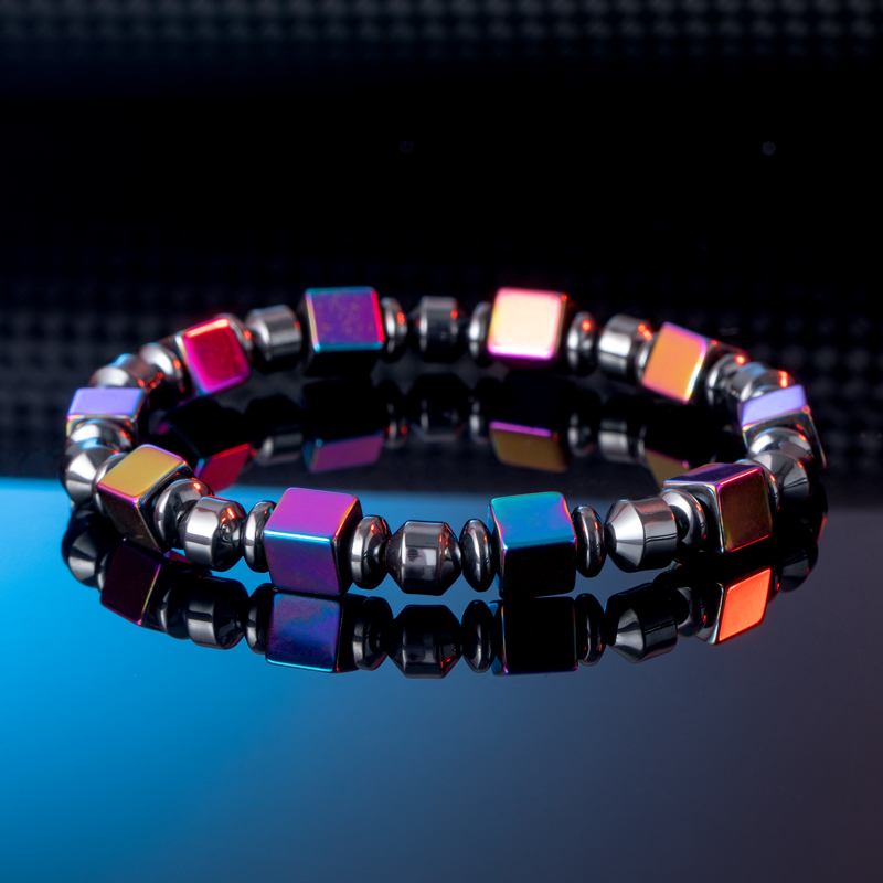 Rainbow Square Black Gallstone Beads Stretch Bracelet Silver