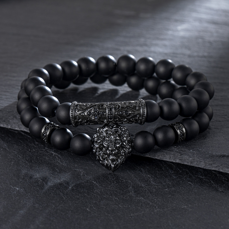 2pcs Lion Black Obsidian Beaded Stretch Bracelet With Street Luxury Shine - Image 3
