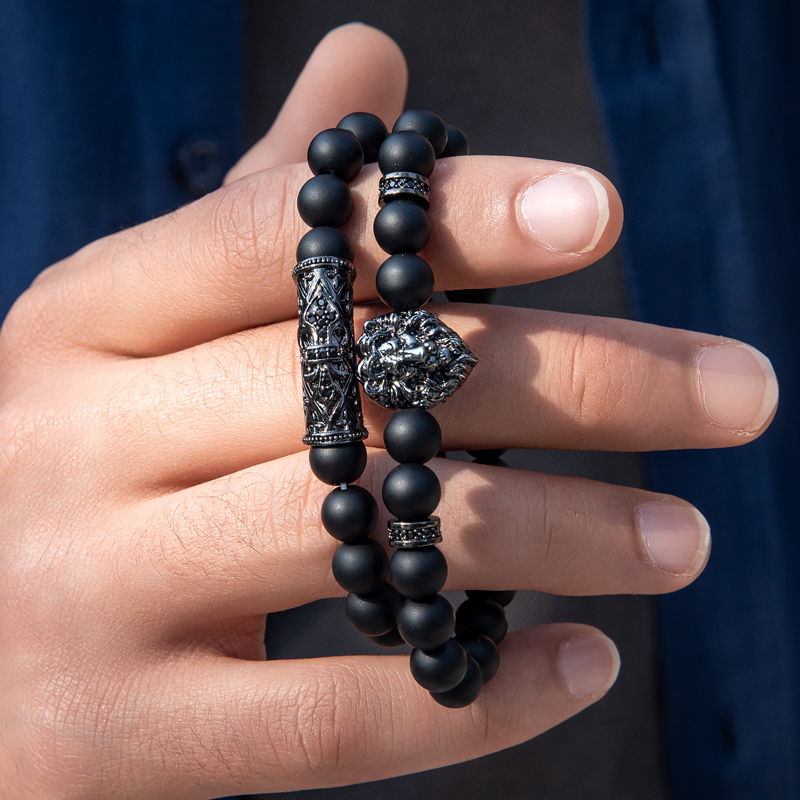 2pcs Lion Black Obsidian Beaded Stretch Bracelet With Street Luxury Shine - Image 4