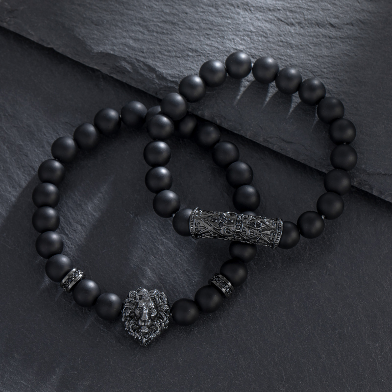 2pcs Lion Black Obsidian Beaded Stretch Bracelet With Street Luxury Shine - Image 5