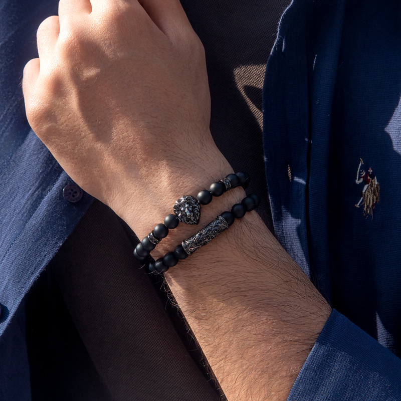 2pcs Lion Black Obsidian Beaded Stretch Bracelet With Street Luxury Shine