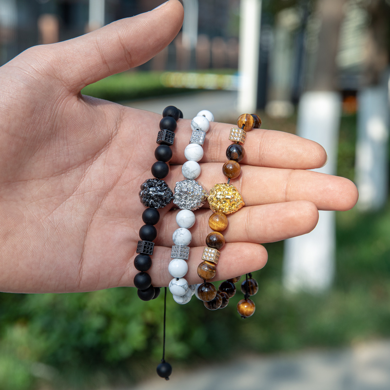 Street Luxury Lion Tiger Eye White Turquoise Beaded Adjustable Bracelet - Image 5