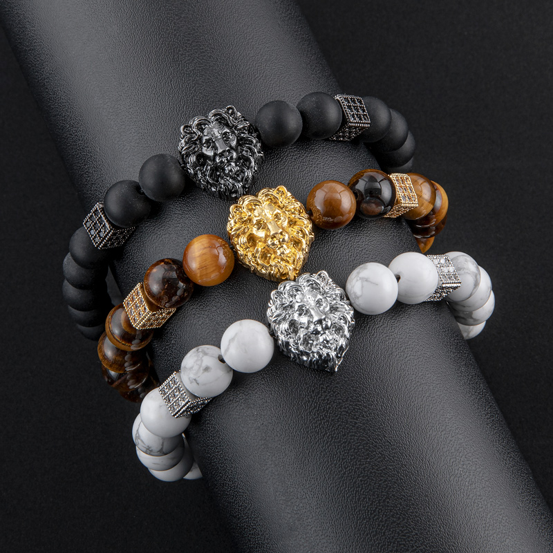 Street Luxury Lion Tiger Eye White Turquoise Beaded Adjustable Bracelet