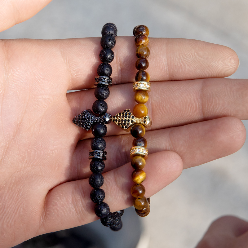 Street Luxury Tiger's Eye Lava Stone Spike Beaded Adjustable Bracelet - Image 5