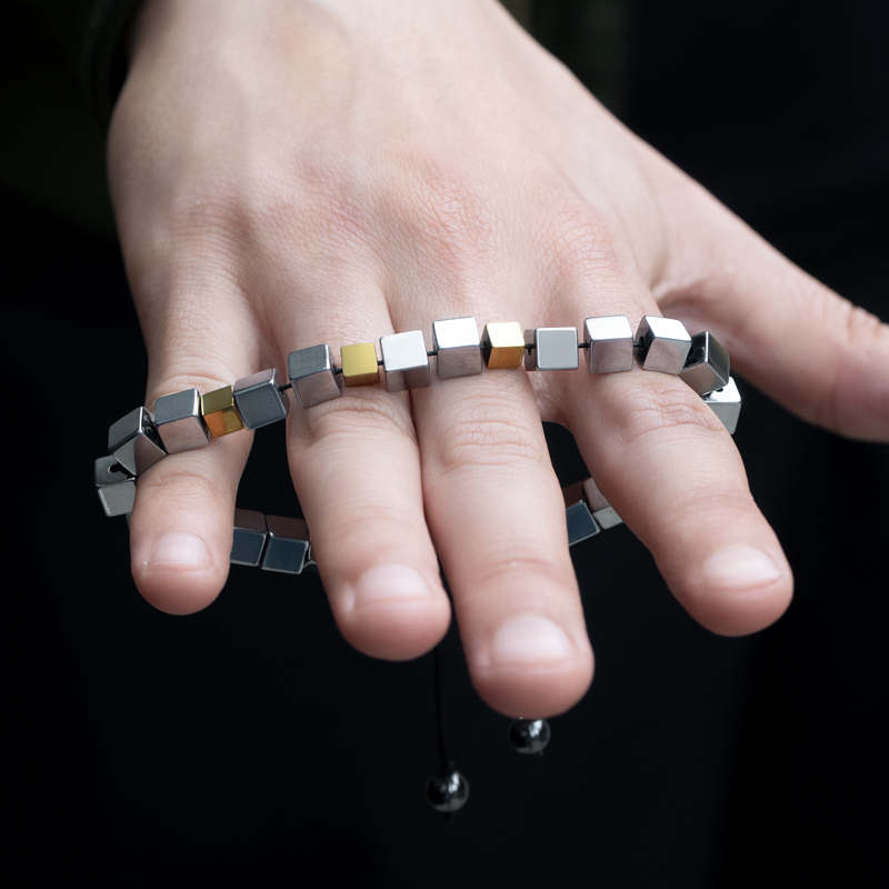 Square Black Gallstone Beaded Adjustable Bracelet With Street Luxury Shine - Image 4