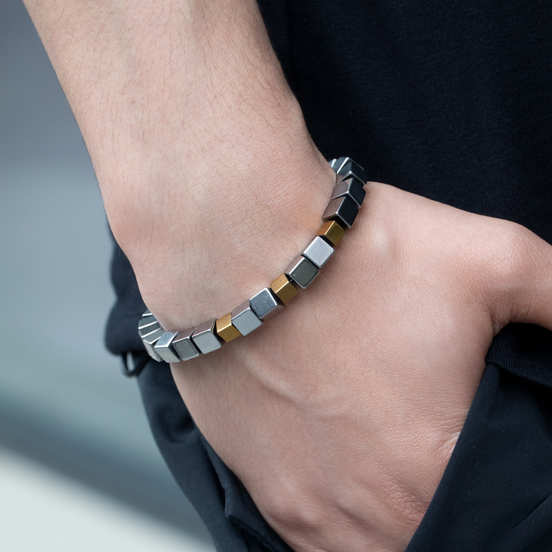 Square Black Gallstone Beaded Adjustable Bracelet With Street Luxury Shine