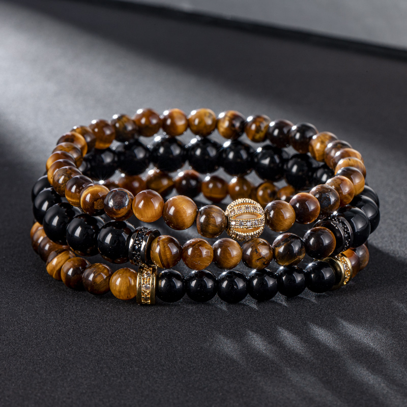 3pcs Tiger's Eye Beaded Stretch Bracelet Silver With Street Luxury Shine - Image 3