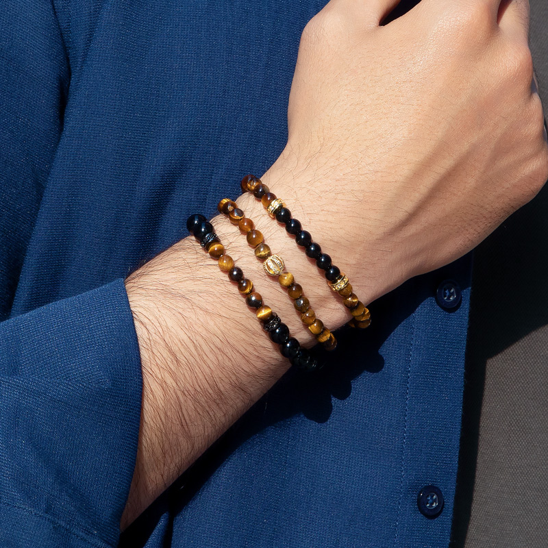 3pcs Tiger's Eye Beaded Stretch Bracelet Silver With Street Luxury Shine