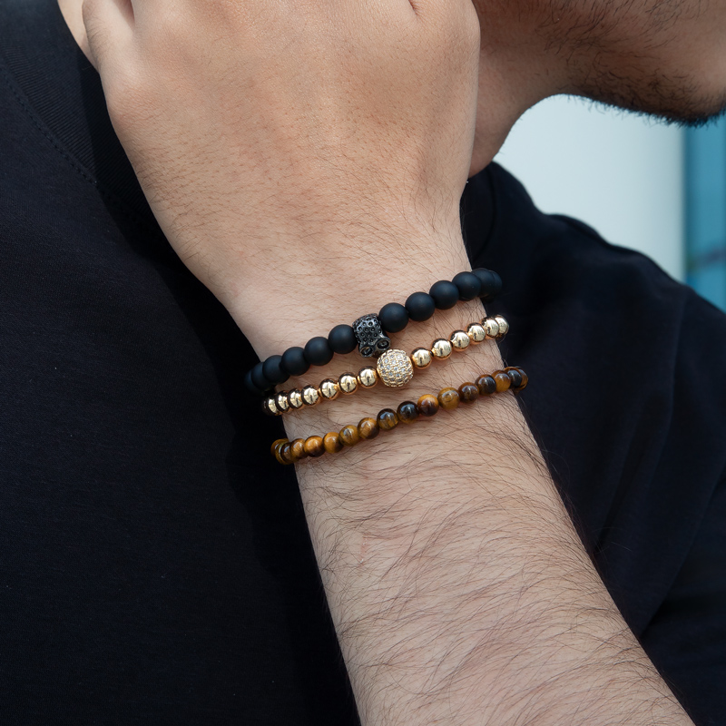 3pcs Tiger's Eye Obsidian Beaded Stretch Bracelet With Street Luxury Shine - Image 3