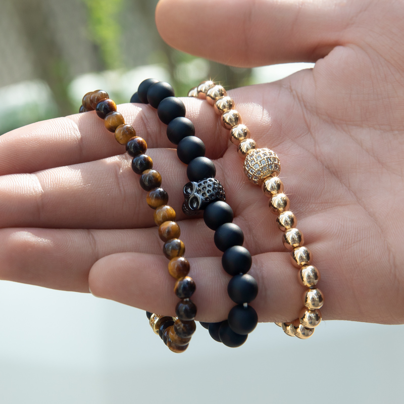 3pcs Tiger's Eye Obsidian Beaded Stretch Bracelet With Street Luxury Shine - Image 4