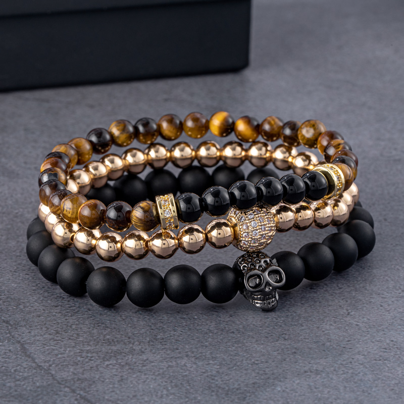 3pcs Tiger's Eye Obsidian Beaded Stretch Bracelet With Street Luxury Shine