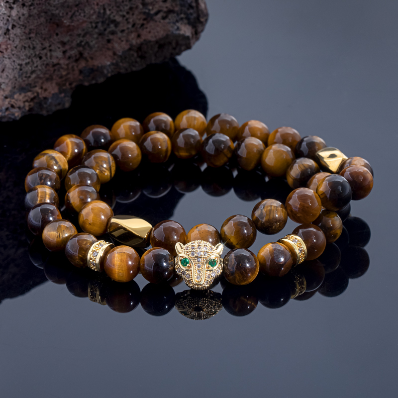 Bold Iced Out Panther Yellow Tiger Eye Beaded Stretch Wrap Bracelet - Image 3