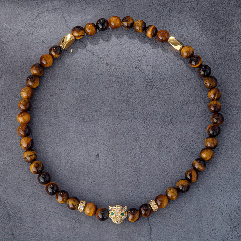Bold Iced Out Panther Yellow Tiger Eye Beaded Stretch Wrap Bracelet - Image 4
