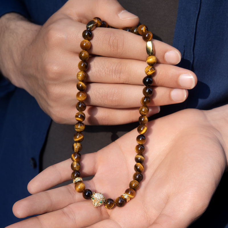 Bold Iced Out Panther Yellow Tiger Eye Beaded Stretch Wrap Bracelet - Image 5