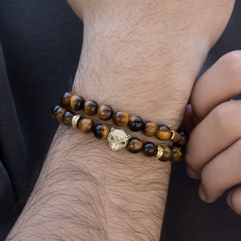 Bold Iced Out Panther Yellow Tiger Eye Beaded Stretch Wrap Bracelet