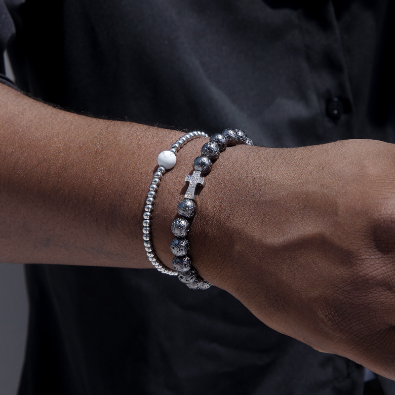 2pcs Lava Stones & Steel Beads Stretch Bracelet With Street Luxury Shine - Image 3