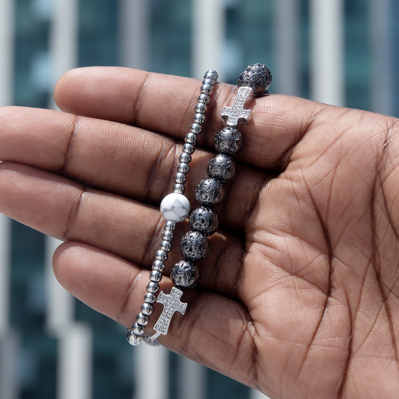 2pcs Lava Stones & Steel Beads Stretch Bracelet With Street Luxury Shine - Image 4