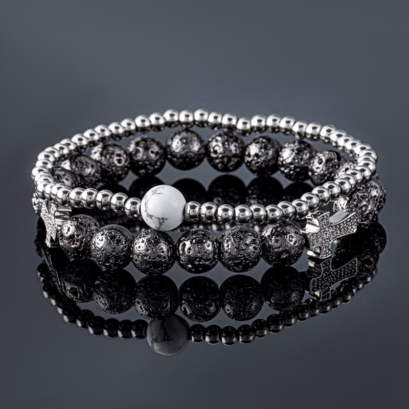 2pcs Lava Stones & Steel Beads Stretch Bracelet With Street Luxury Shine