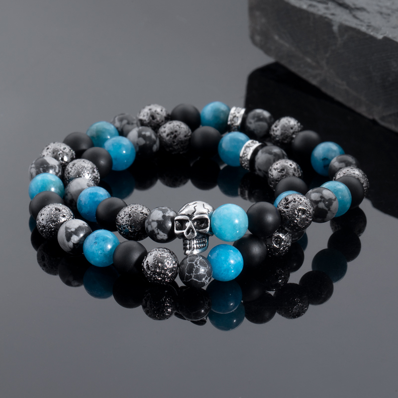 Natural Apatite & Alabaster Beaded Stretch Wrap Bracelet Silver - Image 3