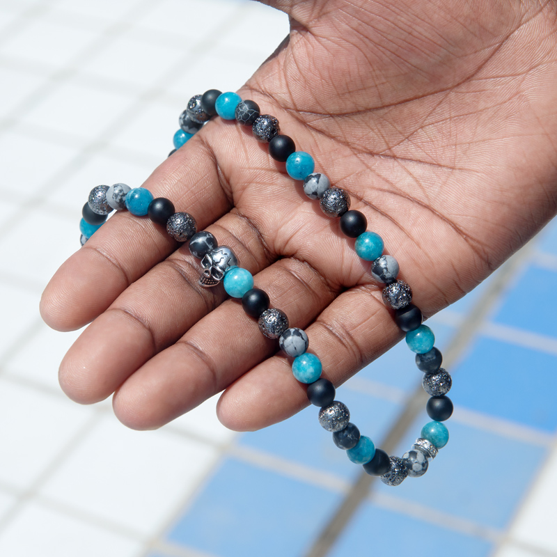 Natural Apatite & Alabaster Beaded Stretch Wrap Bracelet Silver - Image 5