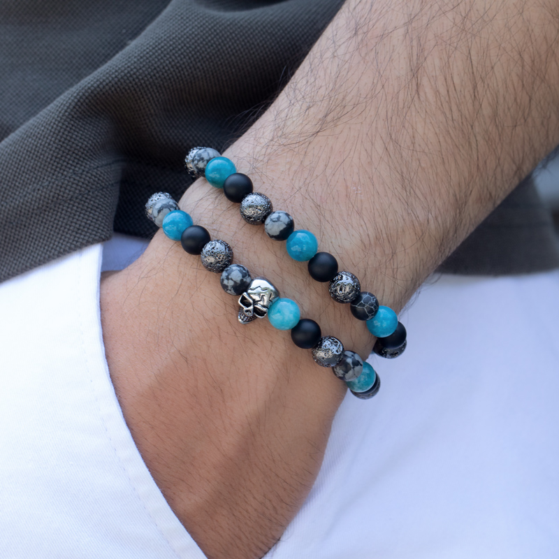 Natural Apatite & Alabaster Beaded Stretch Wrap Bracelet Silver