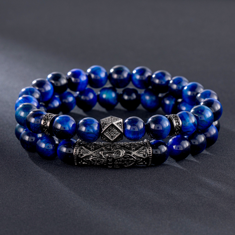 2pcs Blue Tiger Eye Beaded Stretch Bracelet With Street Luxury Shine - Image 3