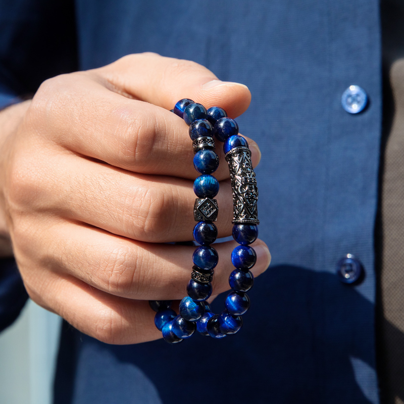 2pcs Blue Tiger Eye Beaded Stretch Bracelet With Street Luxury Shine - Image 4