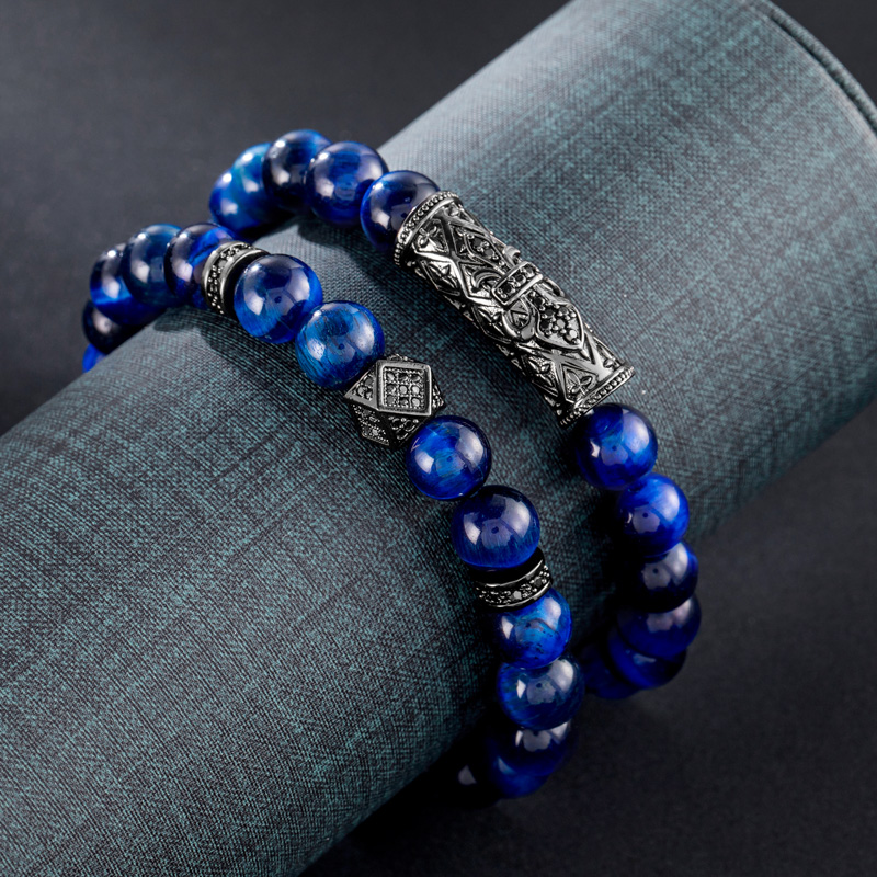 2pcs Blue Tiger Eye Beaded Stretch Bracelet With Street Luxury Shine - Image 5