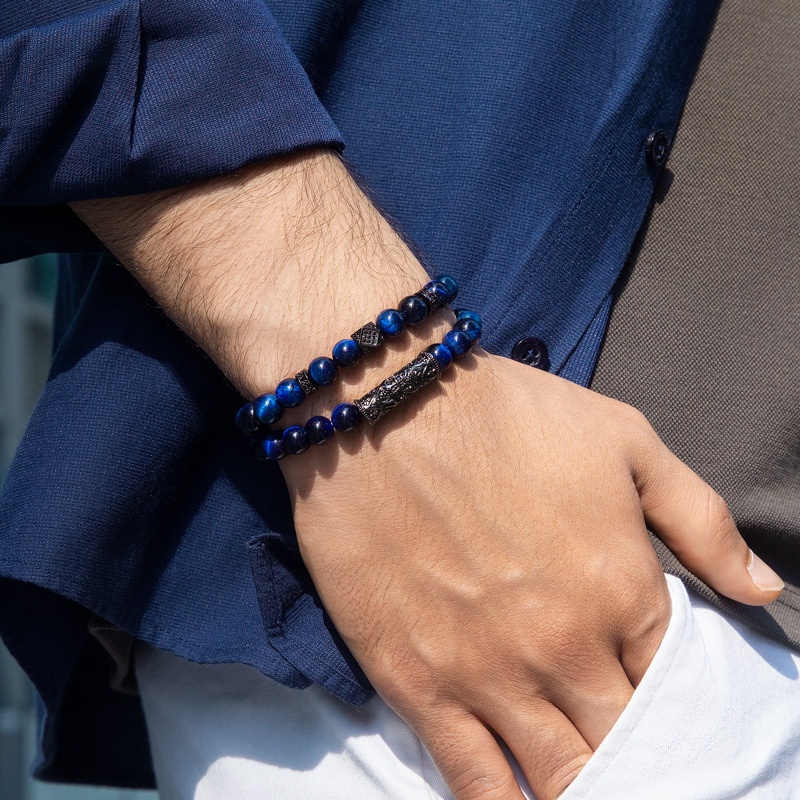 2pcs Blue Tiger Eye Beaded Stretch Bracelet With Street Luxury Shine