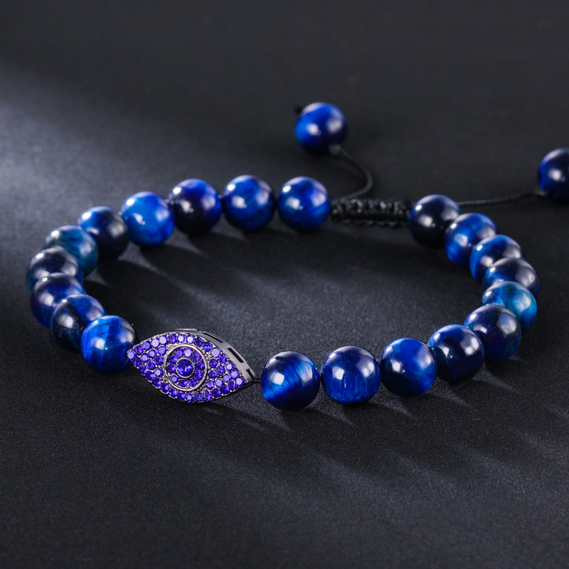 Evil Eye Blue Tiger Eye Beaded Adjustable Bracelet With Street Luxury Shine - Image 3