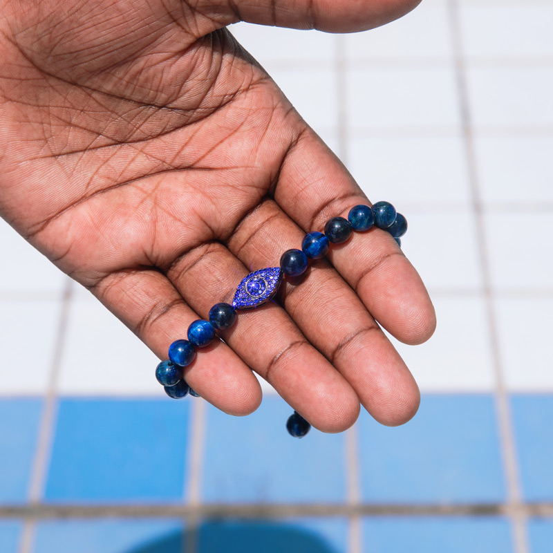 Evil Eye Blue Tiger Eye Beaded Adjustable Bracelet With Street Luxury Shine - Image 4