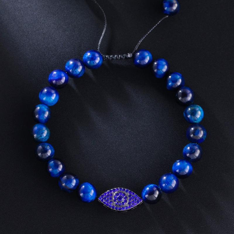 Evil Eye Blue Tiger Eye Beaded Adjustable Bracelet With Street Luxury Shine - Image 5