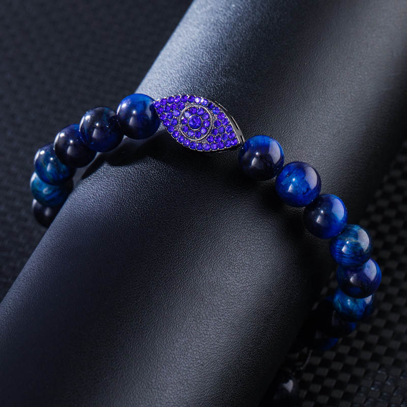 Evil Eye Blue Tiger Eye Beaded Adjustable Bracelet With Street Luxury Shine - Image 6