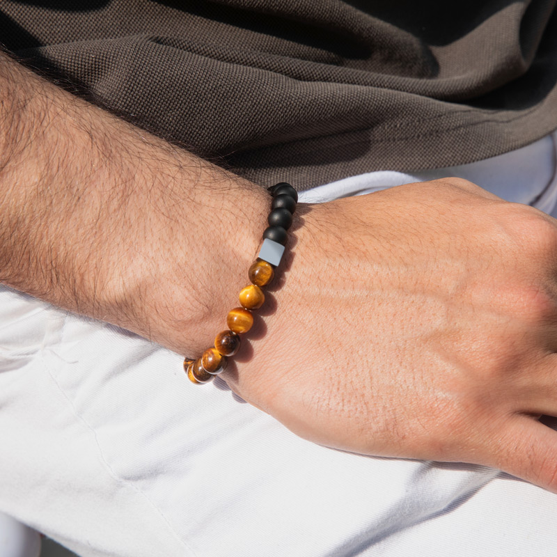 Yellow Tiger Eye Obsidian Beaded Stretch Bracelet With Street Luxury Shine