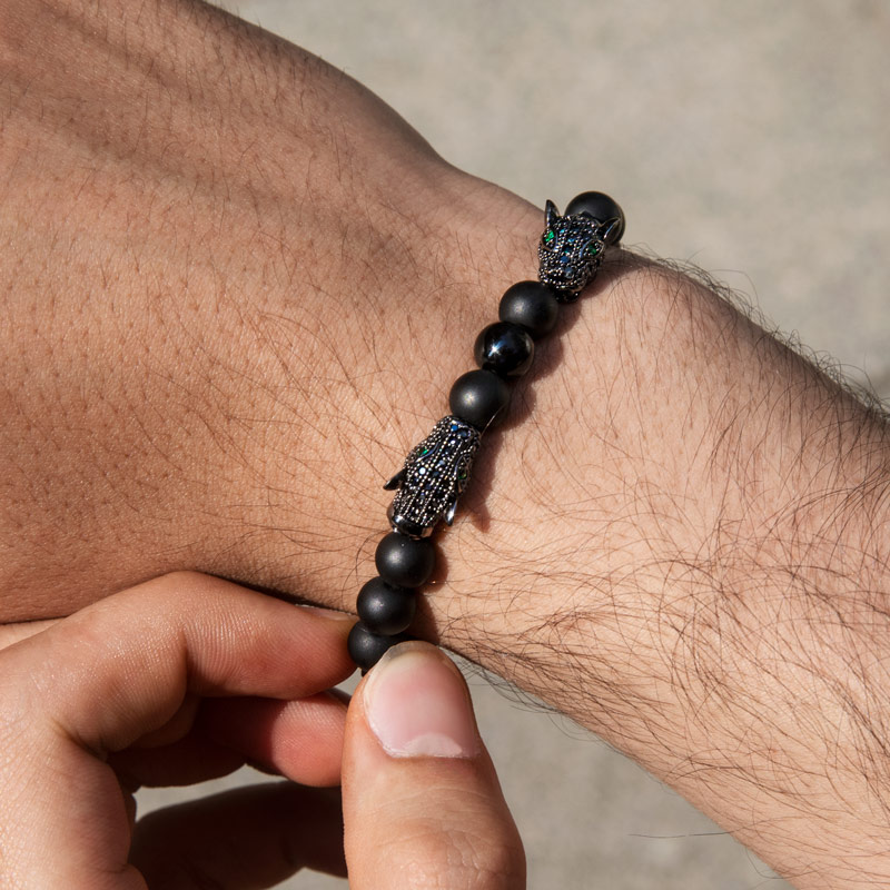 Iced Out Panther Obsidian Beaded Stretch Bracelet With Street Luxury Shine