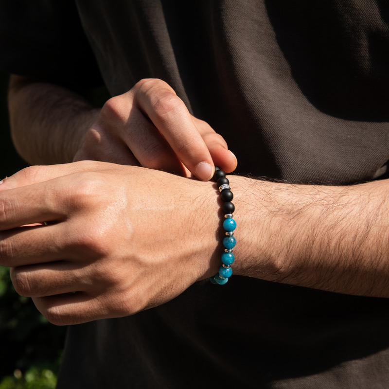 Obsidian & Apatite Beaded Stretch Bracelet Silver With Street Luxury Shine - Image 3
