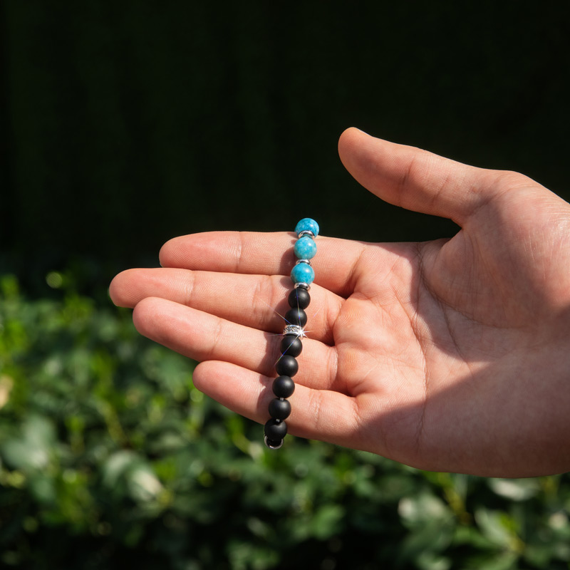 Obsidian & Apatite Beaded Stretch Bracelet Silver With Street Luxury Shine - Image 4