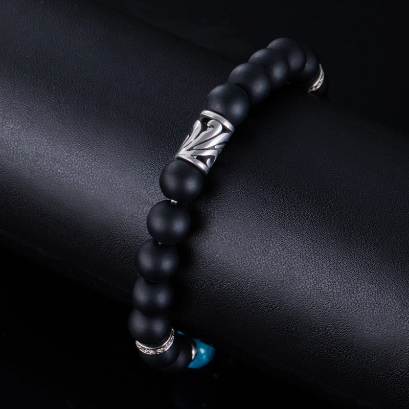 Obsidian & Apatite Beaded Stretch Bracelet Silver With Street Luxury Shine - Image 5