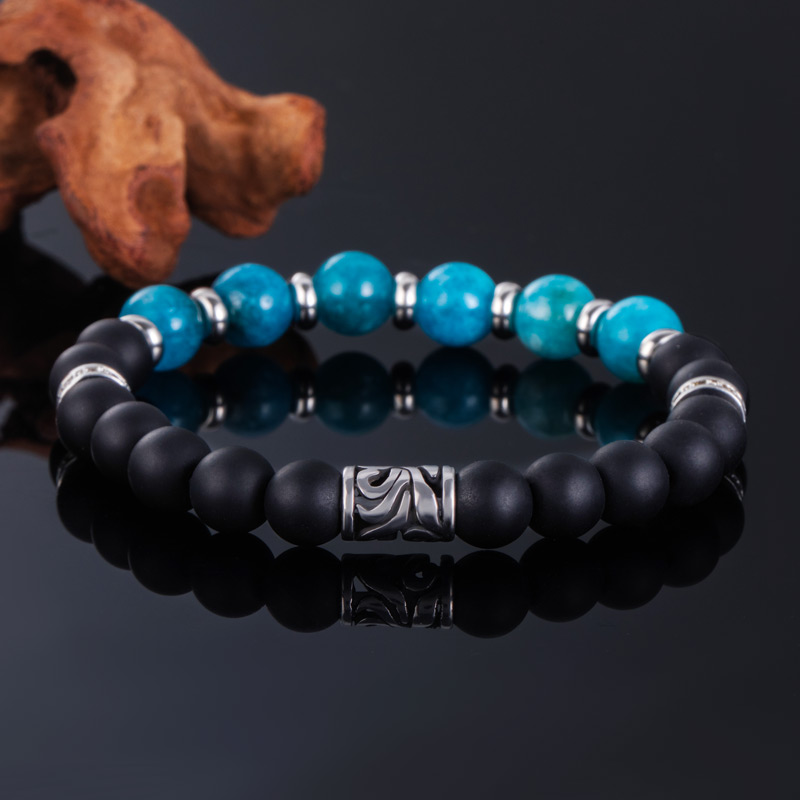 Obsidian & Apatite Beaded Stretch Bracelet Silver With Street Luxury Shine