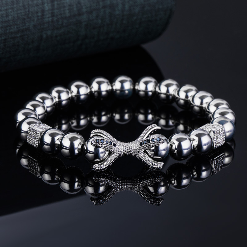 Eagle Claw Natural Stones Hematite Beaded Stretch Bracelet Silver - Image 3