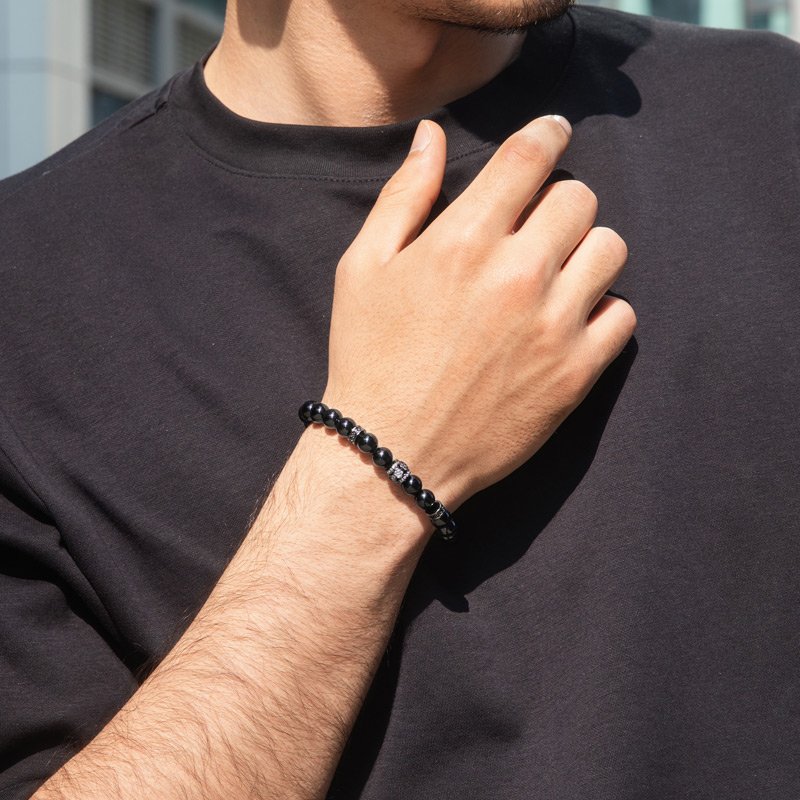 Obsidian Natural Stones Beaded Adjustable Bracelet With Street Luxury Shine - Image 3