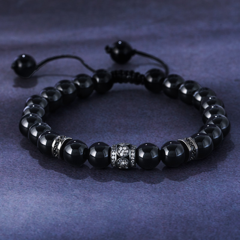 Obsidian Natural Stones Beaded Adjustable Bracelet With Street Luxury Shine - Image 4