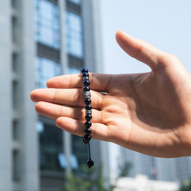 Obsidian Natural Stones Beaded Adjustable Bracelet With Street Luxury Shine - Image 5