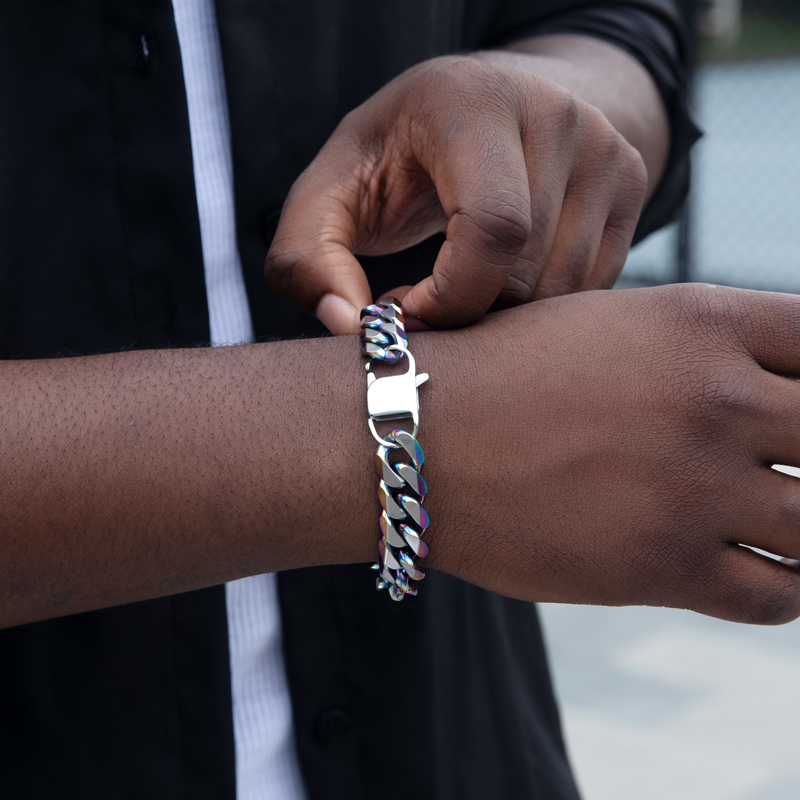 Bold 14mm Diamond Cut Two-tone Cuban Bracelet-in Rainbow/gold/black Gold - Image 3