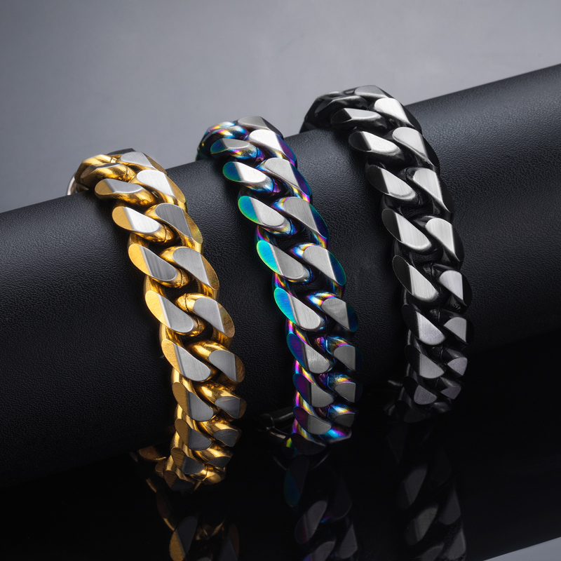 Bold 14mm Diamond Cut Two-tone Cuban Bracelet-in Rainbow/gold/black Gold - Image 4