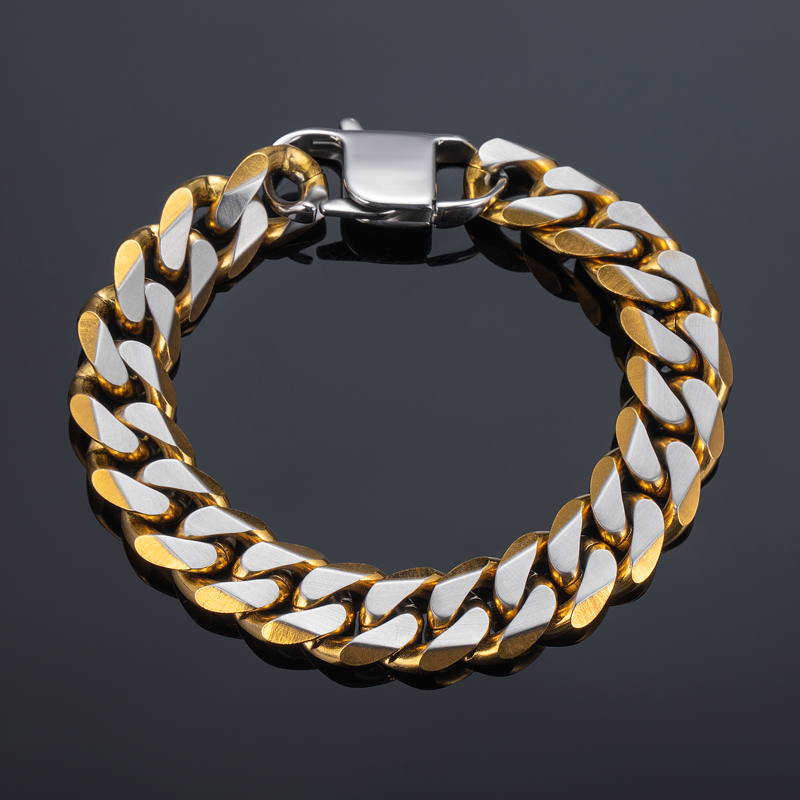 Bold 14mm Diamond Cut Two-tone Cuban Bracelet-in Rainbow/gold/black Gold