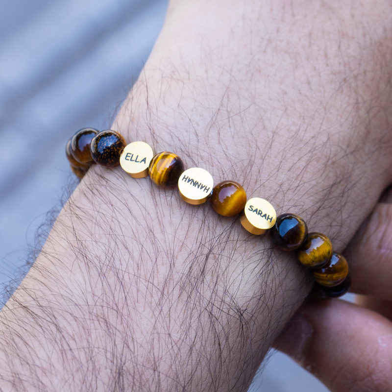 Bold Personalized Engravable Yellow Tiger Eye Beads Stretch Bracelet - Image 3