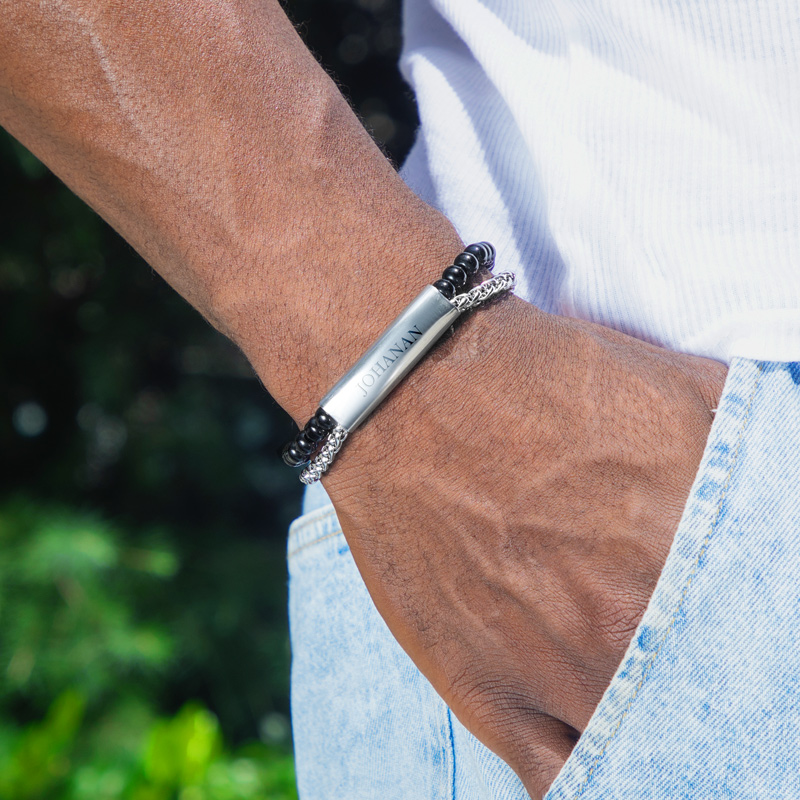 Engraved Obsidian Stainless Steel Beads Bracelet With Street Luxury Shine - Image 3